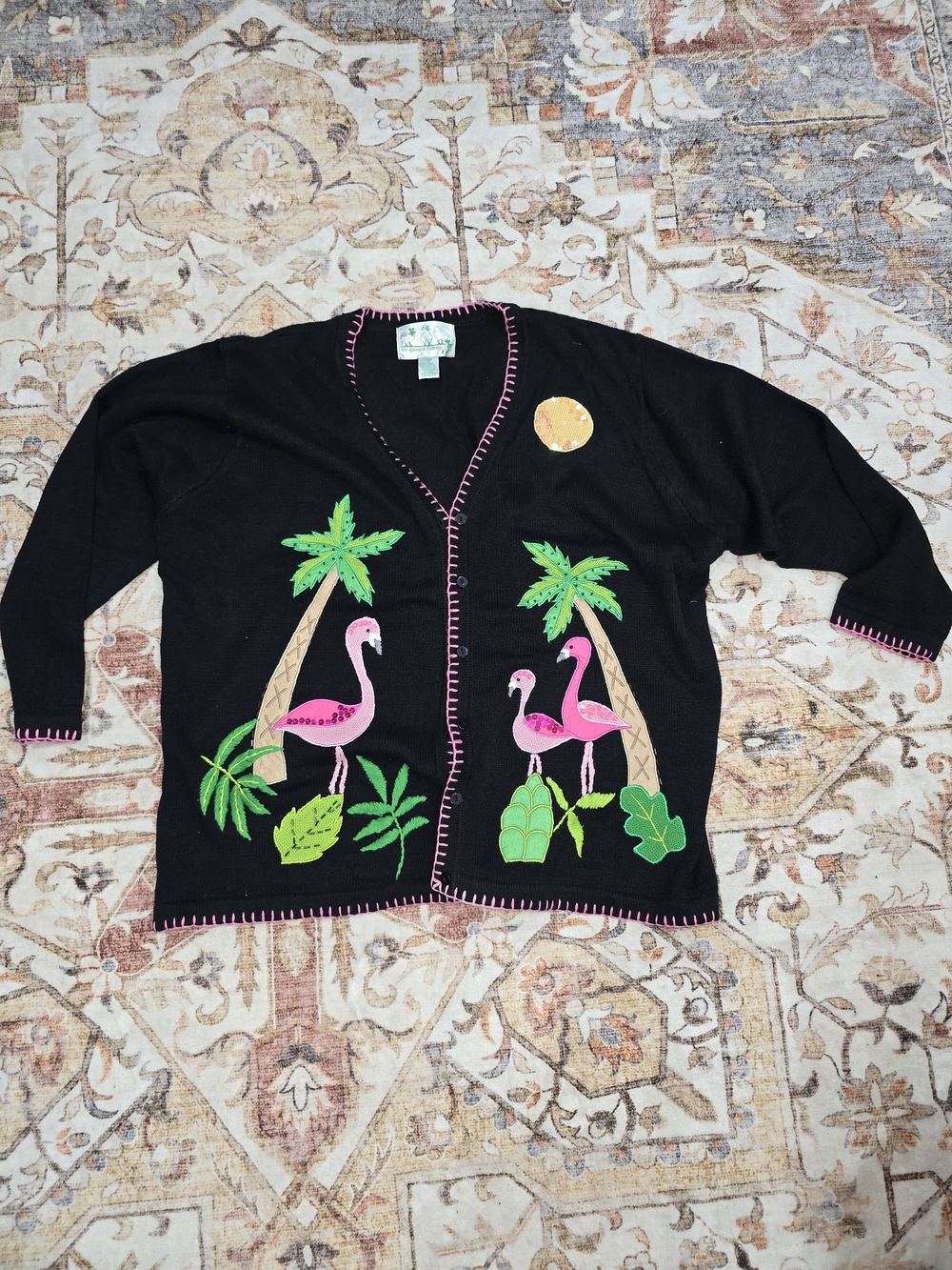 Quacker Factory Black Cardigan with Pink Flamingos & Green Palms